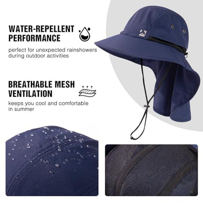 Oversized XL XXL Mens Sun Hat Big Head Neck Flap Shade Waterproof UPF50+ Wide Brim Hat Fishing Safari Hiking - color: Navy, size: Large-X-Large