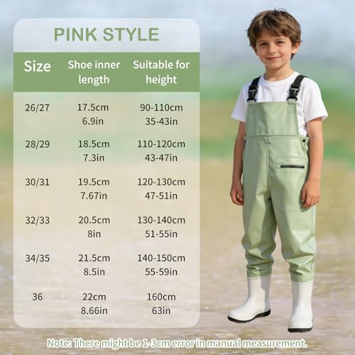 SooGree Kids Chest Wader with Non-Slip Boots,Youth Fishing Hunting Waterproof Waiters, Children Boys Girls Breathable Waders - color: Candy Green, size: Foot length：8.07"；Height：51.18"-55.11"