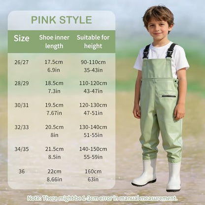 SooGree Kids Chest Wader with Non-Slip Boots,Youth Fishing Hunting Waterproof Waiters, Children Boys Girls Breathable Waders - color: Candy Green, size: Foot length：7.67"；Height：47.24"-51.18"