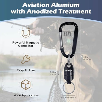 Magnetic Net Release for Fly Fishing, Aluminum Magnetic Quick Release Keychain, Fly Fishing Net Magnet Holder Retractor with Carabiner - color: black