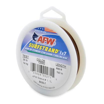 American Fishing Wire Surfstrand Bare 1x7 Stainless Steel Leader Wire - Fishing Leader Line for Saltwater, 20lb Test - 325lb Test in Bright, Camo in 30ft, 300ft, 600ft and 1,000ft Lengths - color: Camo, size: 30 lb / 600 ft