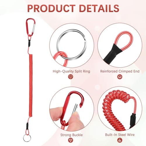 11.81IN Retractable Safety Coiled Lanyard [3PCS] - Steel Wire Fishing Rod Safety Lanyard Use for Pliers Boating & Kayak Fishing - color: Red