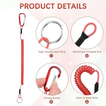 11.81IN Retractable Safety Coiled Lanyard [3PCS] - Steel Wire Fishing Rod Safety Lanyard Use for Pliers Boating & Kayak Fishing - color: Red