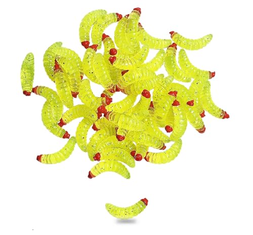 50pcs-1Inch Bass Fishing Worms Lures,Silicone Soft Maggot Baits Bread Worm Fishing Lure,5 Color - color: Yellow