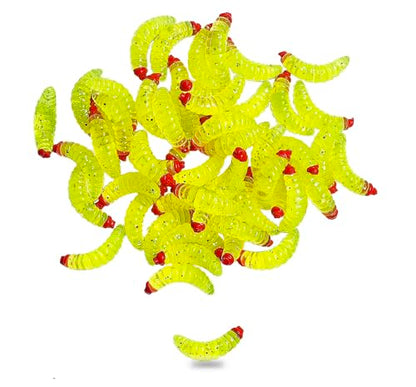 50pcs-1Inch Bass Fishing Worms Lures,Silicone Soft Maggot Baits Bread Worm Fishing Lure,5 Color - color: Yellow