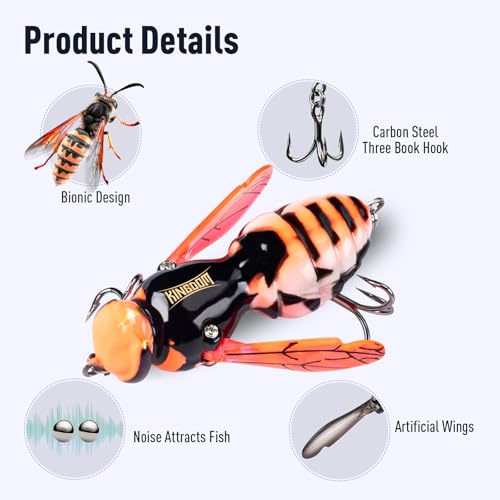 Kingdom Wasp Crawl Bait Insect Bionic Floating Fishing Lures Swimbaits Hard Artificial Baits Lure Freshwater and Saltwater Bass Carp Pike Walleye Fishing ABS Material Carbon Steel Three Book Hook - color: 03, size: 4.2g