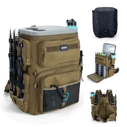 Goture Fishing Backpack with Cooler, 66L 600D Tackle Backpack with 3 Rod Holders, EVA Cover, Helmet Holder, Rain Cover, Saltwater Large Fishing Bag for Camping Hiking, Gear Storage Bag, Gifts for Men - color: A1:khaki(without Tackle Box)