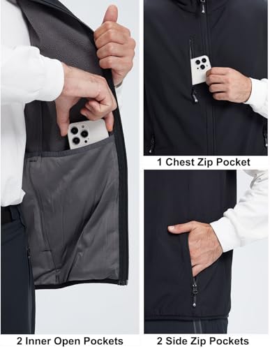 Men's Softshell Vest Fleece-Lined Windproof Sleeveless Jacket for Travel Hiking Fishing Running Golf - color: Black, size: Large
