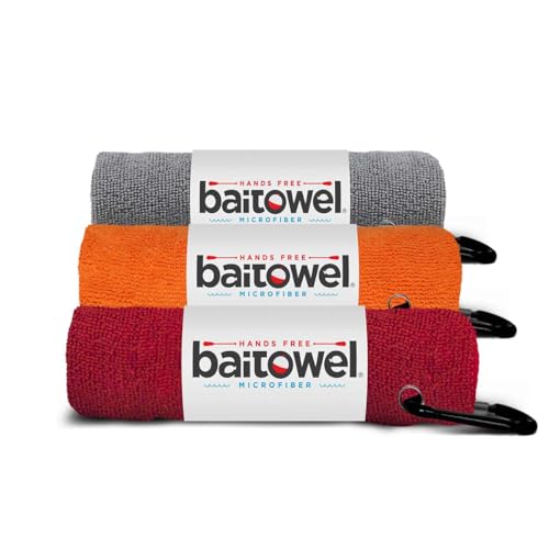 Bait Towel 3 Pack Fishing Towels with Clip, Plush Microfiber nap Fabric, 16x16, The Original Bait Towel Value 3 Pack - color: Silver-orange-red