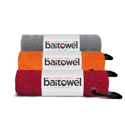 Bait Towel 3 Pack Fishing Towels with Clip, Plush Microfiber nap Fabric, 16x16, The Original Bait Towel Value 3 Pack - color: Silver-orange-red