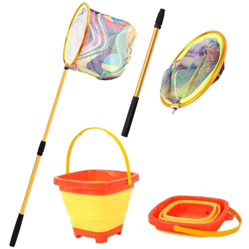 Kids Fishing Net - Telescopic Landing Net with Aluminum Pole Handle, Collapsible Bucket Sand Pail, Butterfly Net for Outdoor Play - color: Orange
