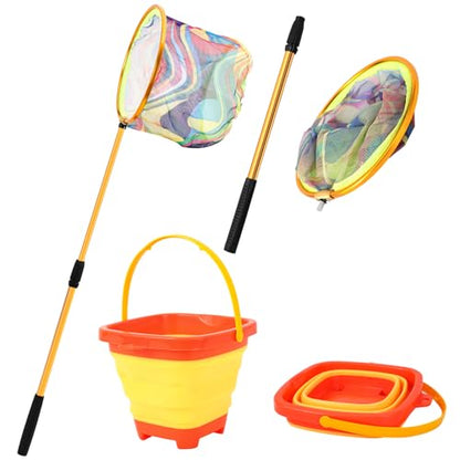 Kids Fishing Net - Telescopic Landing Net with Aluminum Pole Handle, Collapsible Bucket Sand Pail, Butterfly Net for Outdoor Play - color: Orange
