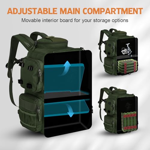 Goture Fishing Backpack with 4 Tackle Boxes,58L 900D Water-Resistant Tackle Backpack with Cooler,Rod Holders,8 Lure Pockets, Detachable Crossbody Bag,Gear Storage Large Fishing Bag for Camping Hiking - color: D1:green With 4 Tackle Boxes