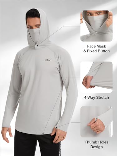 Men's UPF 50+ Sun Protection Hoodie Lightweight Quick Dry Fishing Shirts Long Sleeve Rash Guard with Mask - color: Light Grey, size: Small