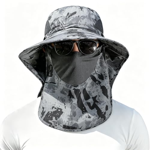 ALANDUO Wide Brim XXL Sun Hats for Men Big Head, UPF 50+ Fishing Sun Hat with Neck Face Flap, Safari Boonie Hat for Men Women - color: Ink Dark Grey