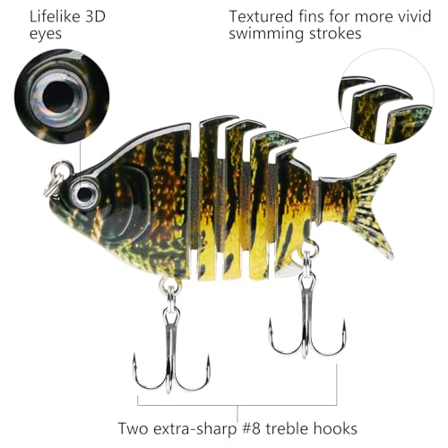 Bassdash SwimPanfish 0.34oz Hard Swimbaits Multi Jointed Topwater Trout Bass Fishing Crank Lure for Freshwater and Saltwater - color: Yellow Mackerel