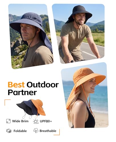 Home Prefer UPF 80+ Sun Hat for Men Women Wide Brim Sun Hat with Neck Flap Summer Beach UV Protection Gardening Fishing Hat - color: Muskmelon Orange