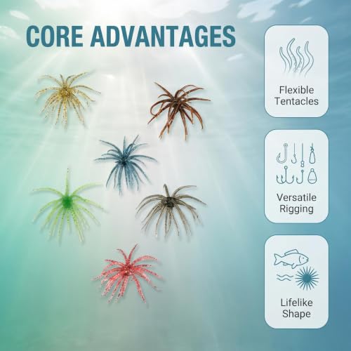 12PCS Mixed Sea Urchin Soft Lure, TPE Super Durable Tentacle Creature Soft Lures Easy Catch for Bass Pike Trout, Versatile Saltwater Freshwater Fishing Soft Bait - color: M-6colour-12pcs