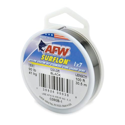 American Fishing Wire Surflon Nylon Coated 1x7 Stainless Steel Wire Leader - Wire Fishing Leader Line for Saltwater 10lb Up To 250lb Test in Bright, Black, Camo in 30ft, 100ft, 300ft, & 1000ft Lengths - color: Black, style: 100 Feet, 90 Pound Test