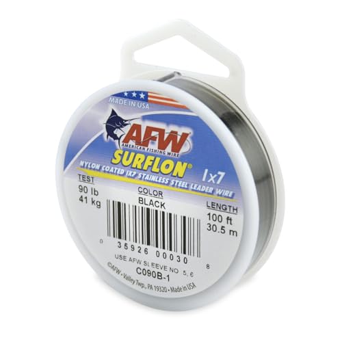 American Fishing Wire Surflon Nylon Coated 1x7 Stainless Steel Wire Leader - Wire Fishing Leader Line for Saltwater 10lb Up To 250lb Test in Bright, Black, Camo in 30ft, 100ft, 300ft, & 1000ft Lengths - color: Black, style: 100 Feet, 90 Pound Test