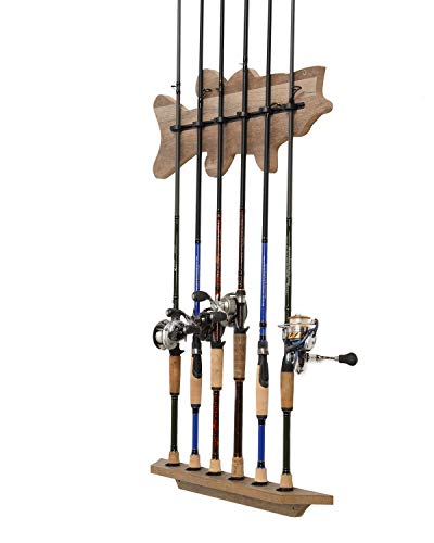 Old Cedar Outfitters Fish-Shaped, Vertical Wall Rod Rack for Fishing Rod Storage - color: Distressed,Bass