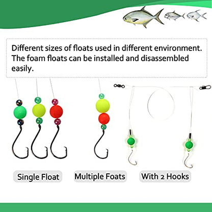 Dovesun 220/104/80/60/54/52/42pcs Pompano Rig Floats for Surf Fishing Foam Bobbers for Fishing Fly Fishing Bobbers Floats Bright Color Kit/Round/Cylindrical/Heart/Bullet/Pill/Spin Shape - color: Round-104pcs