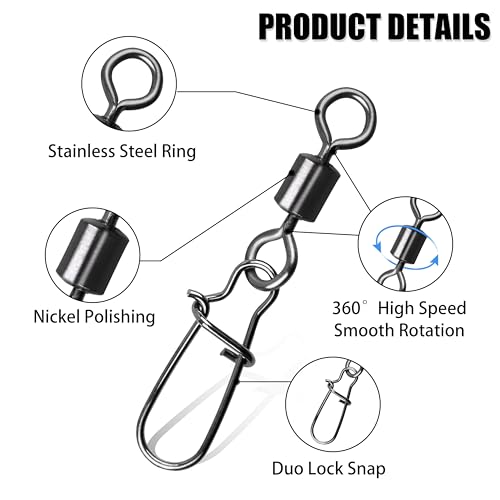 100Pcs Fishing Rolling Barrel Swivel with Duo Lock Snap Connector, High Strength Black Nickel Copper Swivel with Quick Change Snap Clip Tackle for Freshwater Saltwater Fishing - size: 10#