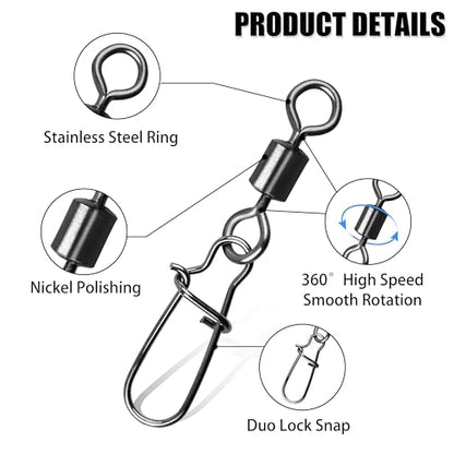 100Pcs Fishing Rolling Barrel Swivel with Duo Lock Snap Connector, High Strength Black Nickel Copper Swivel with Quick Change Snap Clip Tackle for Freshwater Saltwater Fishing - size: 1#