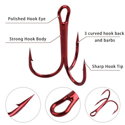 Fishing Treble Hooks Triple Fishing Hooks High Carbon Steel Barbed Sharp Round Bend Treble Hooks Replacement for Hard Lures Bait - color: Red, size: 10#-50pcs
