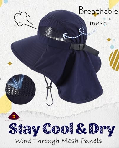Home Prefer UPF50 Wide Brim Kids Sun Hat Neck Flap Boys Girls Sun Protection Hat for Beach Fishing - color: Navy Blue, size: 2-4T