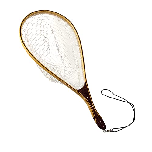 Aventik Fly Fishing Landing Net for Trout Soft Rubber Ghost Mesh Catch and Release Wooden Frame Lightweight and Tangle-Free - style: Fishtail Hand Round Head