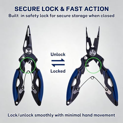 7.5" 420 Stainless Steel Fishing Pliers - Uni-Body Construction, Lightweight Corrosion-Resistant Fishing Tool with Multi-Function Jaws, Braid Cutters, Sheath, Lanyard & Carabiner (blue) - color: Blue