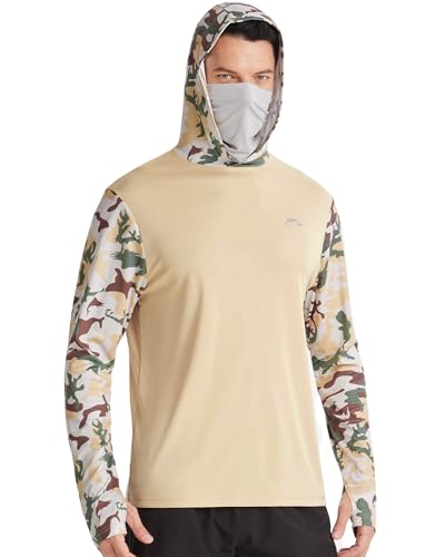 FISHEAL Men's Performance Fishing Hoodie Shirt - UPF 50+ UV Sun Protection Long Sleeve Shirts with Mesh Face Mask - color: Desert Sand Camo, size: Medium