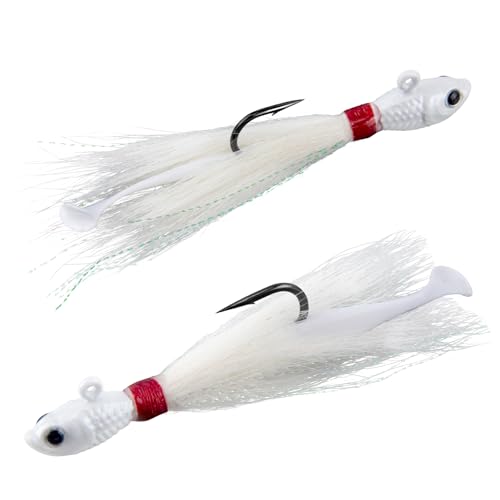 Dr.Fish 3 Pack Bucktail Jigs with Paddle Tail Swimbait Trailer, Saltwater Fishing Hair Jigs Buck Tail Lure White Surf Fishing Mackerel Flounder Bluefish Snapper - color: White, size: 4oz-Hook 8/0