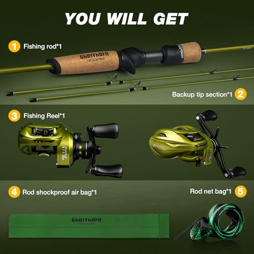 Ghosthorn Fishing Rod and Reel Combo Dual Tip Fishing Pole Baitcaster Combo Ultra Light 2-Piece Rod with Natural Cork Handle Ceramic Rings for Men Women - style: Cast-6'0" L-right Handed With Extra Tip