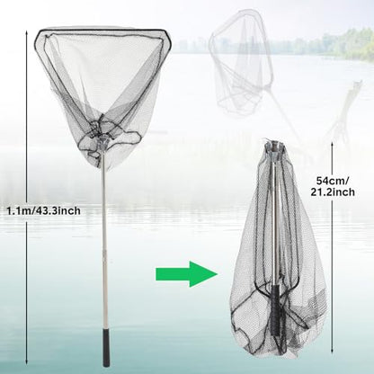 JaGely 5 Pcs Fishing Net Accessories Include Fishing Landing Net with Handle, 26in x 13in Portable Folded Cast Net, 8 Holes 8 Sides Collapsible Fishing Bait Trap, Fishing Keep Net, Drawstring Bag
