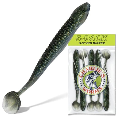 Charlie's Worms Big Dipper Scented Soft Bait for Freshwater & Saltwater Fishing, Paddle Tail Swimbait Lures, Plastic Minnows, Bass, Walleye, Trout, Snakehead, with Variety of Colors (5 Pack) - color: Big O' Shad