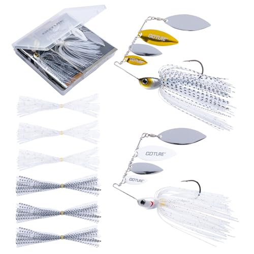 Goture Spinner Baits, Hard Metal Spinnerbaits Kit with 4 Spinner Blades, Spare Skirts Replacement, Buzzbait Spinnerbaits Fishing Lures for Bass Trout Pike Salmon Walleye Freshwater Saltwater - color: B1:2pcs(White & Gold), size: 10g 3/8oz