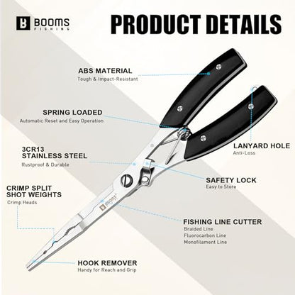 Booms Fishing Hook Remover Pliers, Long Nose, Braid Cutter, Lanyard, Black | Slim Long Nose Helps Reach Deep Hooks With Better Control When Handling Panfish, Trout, Bass and Other Small to Medium Fish - color: Black
