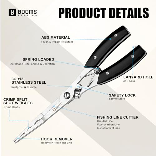 Booms Fishing Hook Remover Pliers, Long Nose, Braid Cutter, Lanyard, Black | Slim Long Nose Helps Reach Deep Hooks With Better Control When Handling Panfish, Trout, Bass and Other Small to Medium Fish - color: Black
