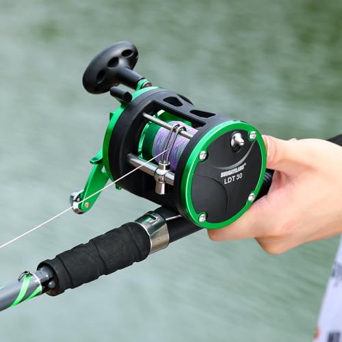 Sougayilang Round Baitcasting Fishing Reel –CNC Machined Aluminum Body Catfish Reel with 25LB Max Drag, Waterproof Trolling Reel with Level Wind & Magnetic Braking System for Musky Bass Pike - color: green-right handle