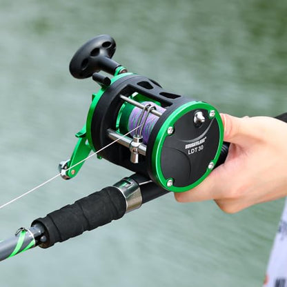 Sougayilang Round Baitcasting Fishing Reel –CNC Machined Aluminum Body Catfish Reel with 25LB Max Drag, Waterproof Trolling Reel with Level Wind & Magnetic Braking System for Musky Bass Pike - color: green-right handle