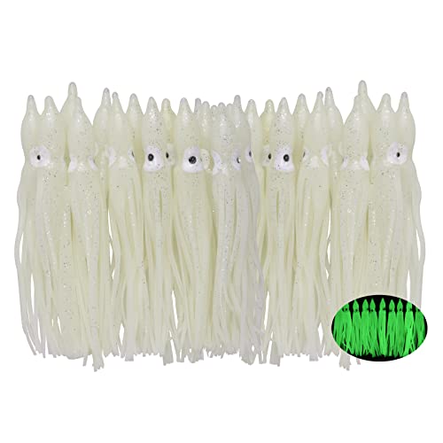 Fishing Squid Skirts Lures Octopus Skirts Trolling Lures Soft Plastic Fishing Tackle Squid Bait for Saltwater Bass Salmon Trout - color: White (Luminous), size: 4.33in - 30pcs