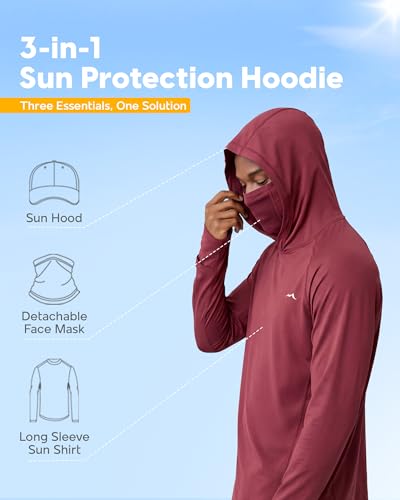 maamgic Men’s UPF 50+ Fishing Shirt Sun Hoodie with Detachable Face Mask, Long Sleeve UV Rash Guard - color: Claret, size: Small