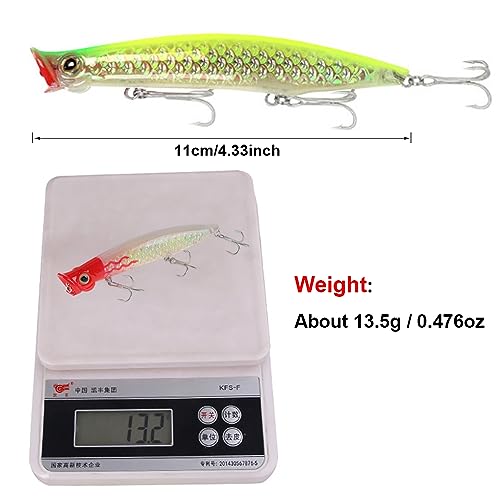 Popper Fishing Lures Topwater Fishing Baits Hard Baits 3D Eyes Swimbait Crankbait with Treble Hook for Bass Trout Freshwater Saltwater - color: 5pcs-4.3in/0.47oz