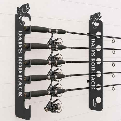 Personalized Fishing Rod Holder Wall Mount Custom Dad’s Rod Rack Metal Fishing Pole Storage Rack for Garage Cabin Lake House Man Cave Fishing Gear Organizer Holds 6 Rods