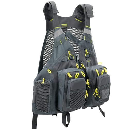 Gonex Fly Fishing Vest for Men Women, Comfortable Adjustable Fishing Vest with Multi-Pockets Reflective Stripes - color: Gray+yellow
