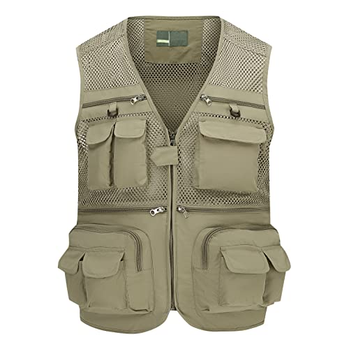 Ziker Men's Mesh Breathable Openwork Camouflage Journalist Photographer Fishing Vest Waistcoat Jacket Coat - color: Beige, size: X-Large