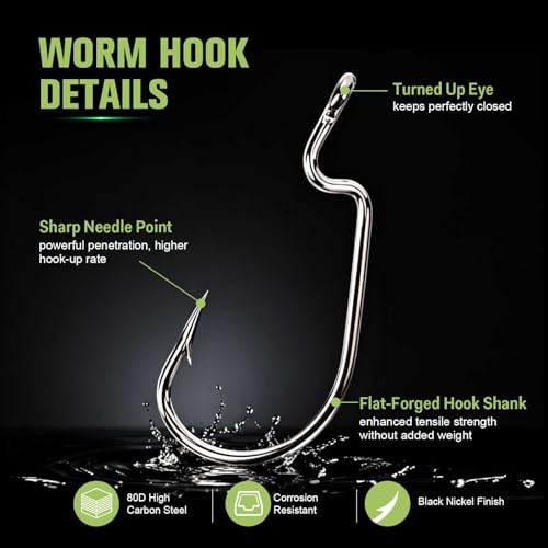 GOTURE 200Pcs Fishing Hooks Set with Tackle Box, 80D High Carbon Steel Offset Worm Hooks and Iseama Bait Hooks Assortment for Freshwater Saltwater Fishing - style: 200pcs - Offset & Iseama