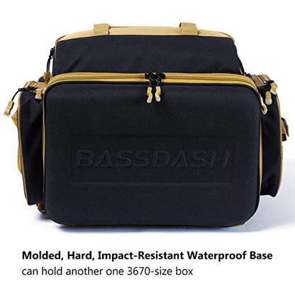 BASSDASH Fishing Tackle Backpack Water Resistant Tactical Bag Soft Tackle Box with Rod Holder and Protective Rain Cover - color: British Khaki Backpack [3670] With 4 Trays